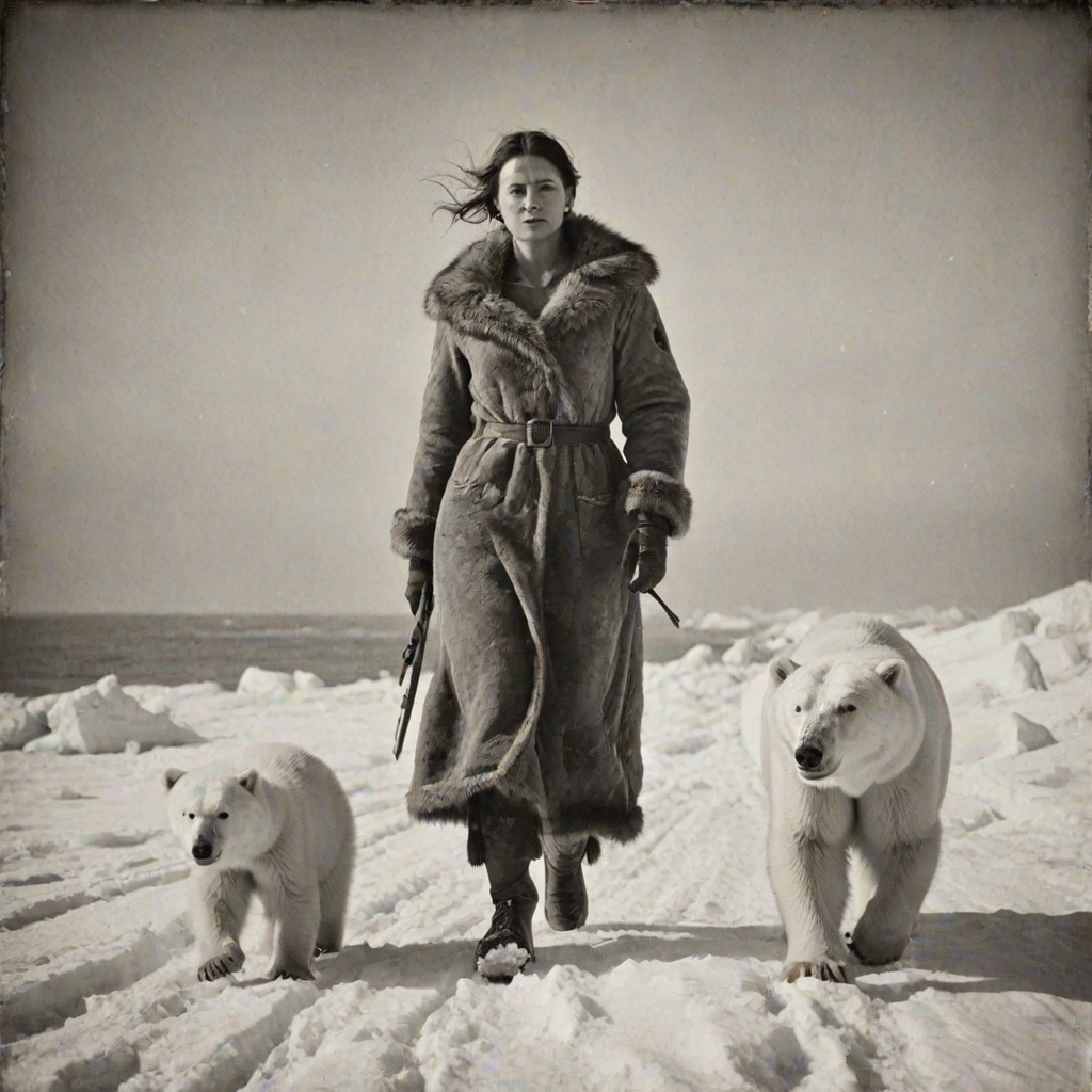 A very old photograph in black and white. The photo is badly damaged, faded, with scratches, tears, smudges and dirt. The photo is ultra-realistic and very detailed. It's a picture of an Arctic warrior. She is walking serenely towards the camera. At her side walks a majestic polar bear. Its fur shines in the sunlight. Snow, ice, sea. wind. snow in the air.