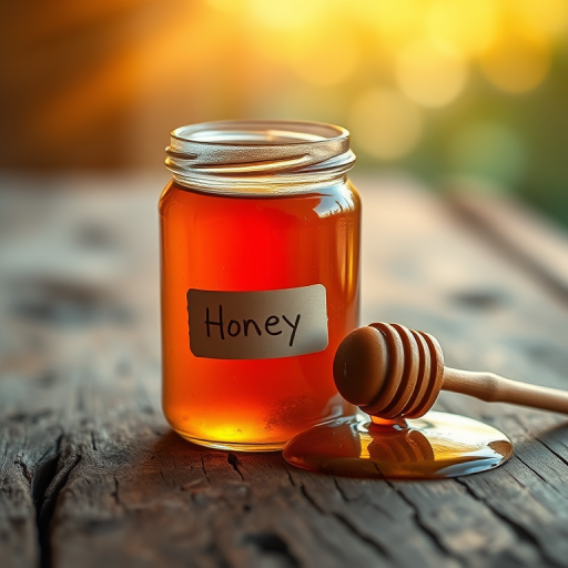 A jar of honey with a honey dipper on a rustic wooden surface, soft golden light streaming through, bokeh effect in the background, shot with a Canon EOS R5, 50mm lens, f/1.8, ISO 200, 1/100 sec, natural light.