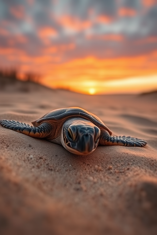 capture a close-up shot of a sea turtle nesting in sandy dunes at sunrise, settings: ISO 200, aperture f/4, shutter speed 1/250 sec, focal length 50mm, view: low angle, style: macro photography, type: DSLR camera