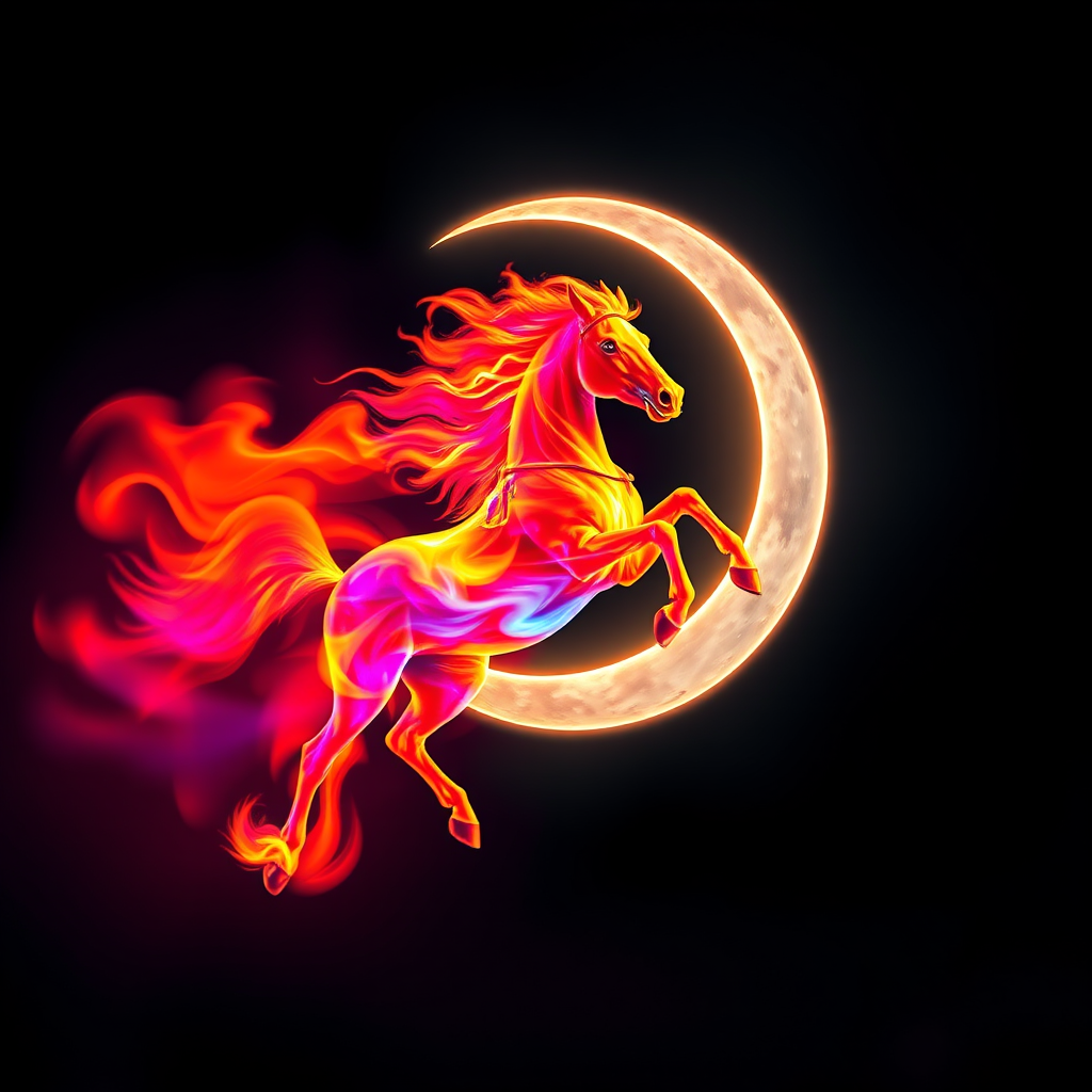 Create a vibrant and ethereal image of a horse made of flames and swirling colors jumping through a crescent moon, captured with a Canon EOS R5 at f/1.8, ISO 100, 50mm lens, using a long exposure setting for dynamic motion blur and enhanced color saturation.