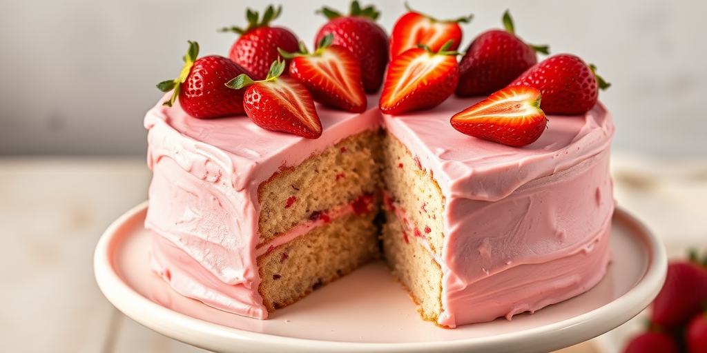 A beautifully frosted pink strawberry cake with fresh strawberry slices on top displayed on a light-colored cake stand, with a slice cut out to reveal the moist cake inside.