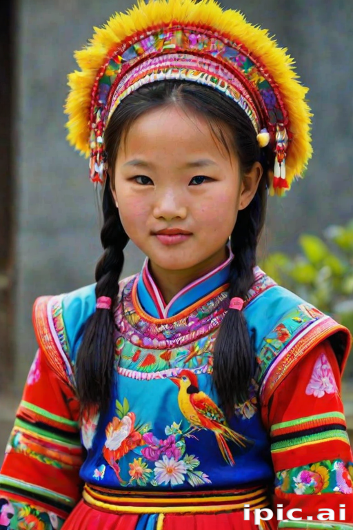A beautiful Miao girl, wearing colorful bird clothing with vibrant colors