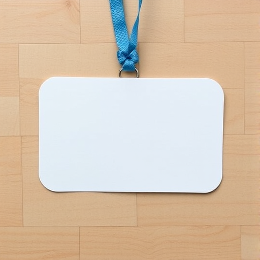 Create a high-quality image of a blank rectangular tag with a blue ribbon, shot with a Canon EOS R5, 50mm lens, aperture f/2.8, ISO 100, and natural lighting from a top-down angle.