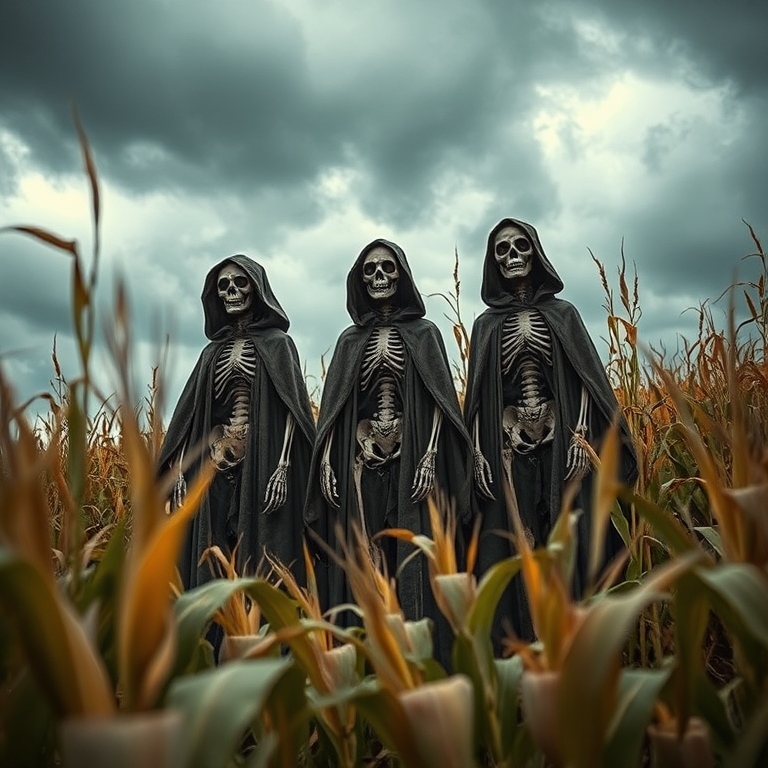 Create a scene of three skeletal figures in tattered cloaks standing in a cornfield under a moody sky, using a DSLR camera with a 50mm lens, f/2.8 aperture, ISO 100, and a low angle shot to enhance depth and atmosphere.