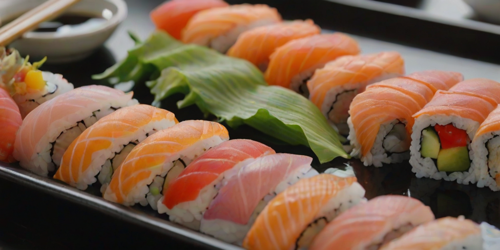 Close-up of a plate of freshly made sushi artfully arranged, with colorful fish and vegetables, soft light reflecting off the glossy surface, and chopsticks poised ready to pick one up.