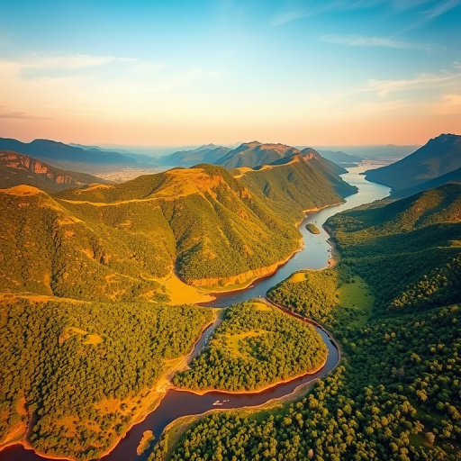 Generate a high-resolution aerial landscape image of a lush green mountainous region with a meandering river and scattered islands, captured with a drone using a wide-angle lens at 24mm, f/8 aperture, ISO 100, shutter speed 1/250s, during golden hour lighting for enhanced vibrancy and detail.