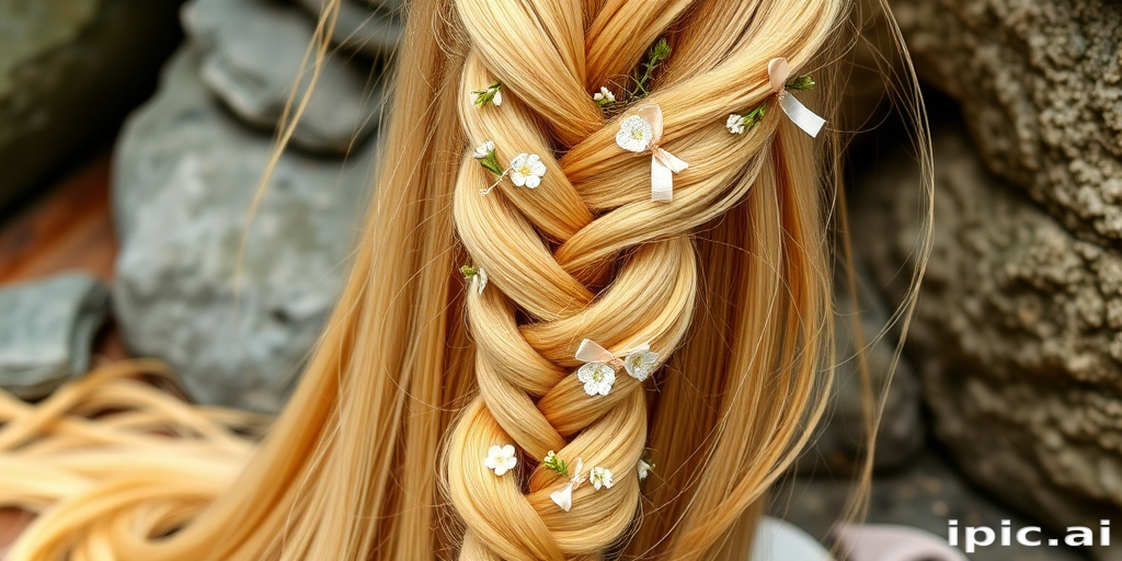 Enchanted Fairy Tale Rapunzel Braid featuring an ultra-long golden blonde braid interwoven with delicate wildflowers and shimmering ribbon accents cascading down to the ankles