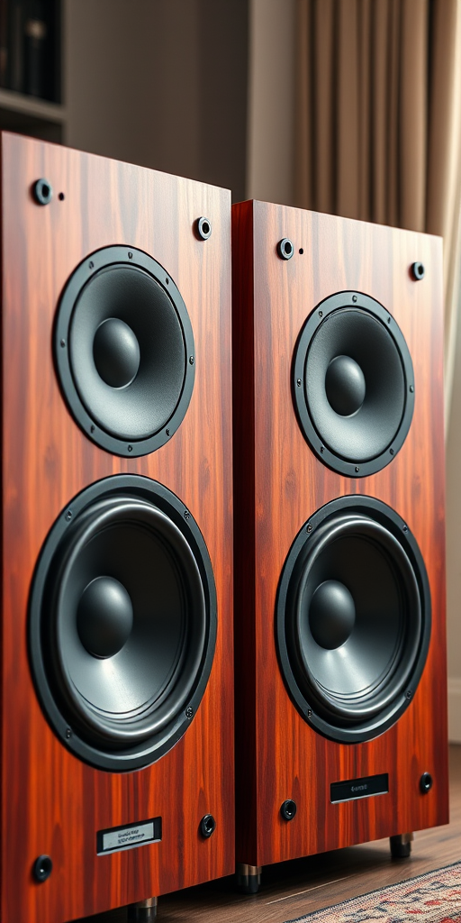 Create a high-resolution image of two large stereo speakers positioned side by side, use a DSLR camera with a 50mm lens, aperture set to f/2.8, ISO 100, focus on the details of the speaker drivers, and use natural lighting for enhanced clarity.