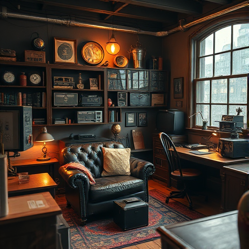 Regenerate a cozy steampunk-themed study with warm lighting, featuring a leather sofa, wooden desks, vintage electronics, and a large window; use a DSLR camera, 35mm lens, f/2.8 aperture, ISO 200, and a slight tilt-shift effect for depth.