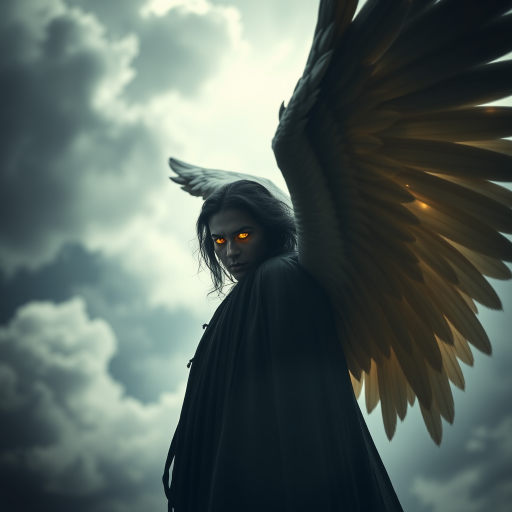 Create a dramatic portrait of a brooding, powerful figure with glowing eyes and angelic wings, employing a shallow depth of field with a Canon EOS R5, 85mm f/1.2 lens, ISO 200, aperture f/1.2, in soft, diffused lighting for an ethereal effect, capturing the interplay of light and shadow against a stormy cloud backdrop.