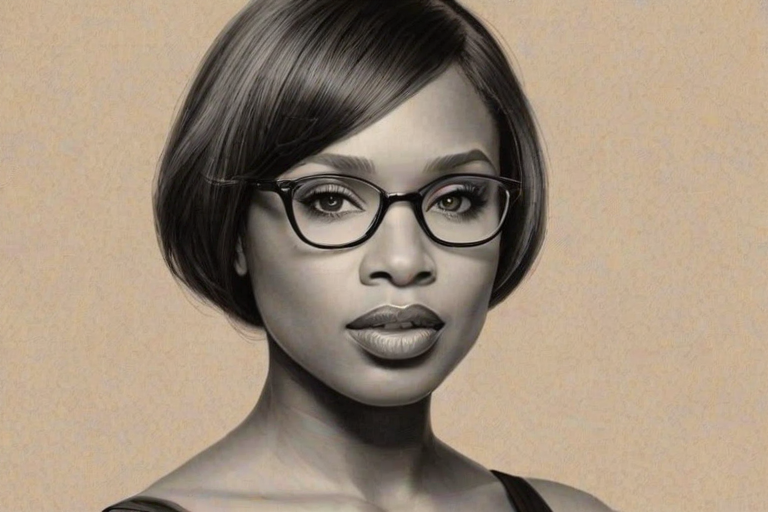 Fascinating Jennifer Hudson, pencil sketch, portrait of Charming woman 1925s in glasses, hair style beatnik, outline, clear lines, fine lines, 8k