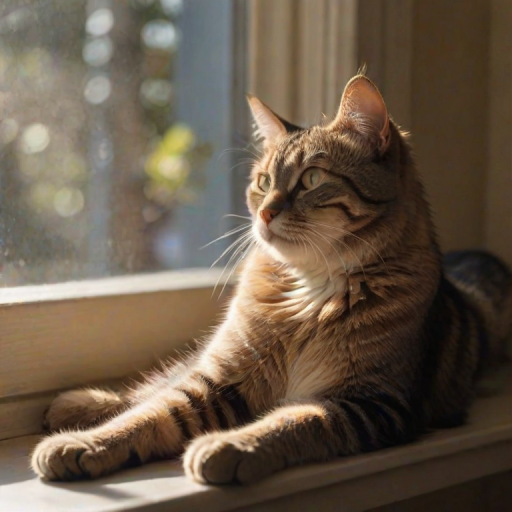 Softly focused photo of a cat lounging on a windowsill, soft sunlight streaming through the window, casting warm shadows on its fur, with the peaceful sound of birds chirping outside.