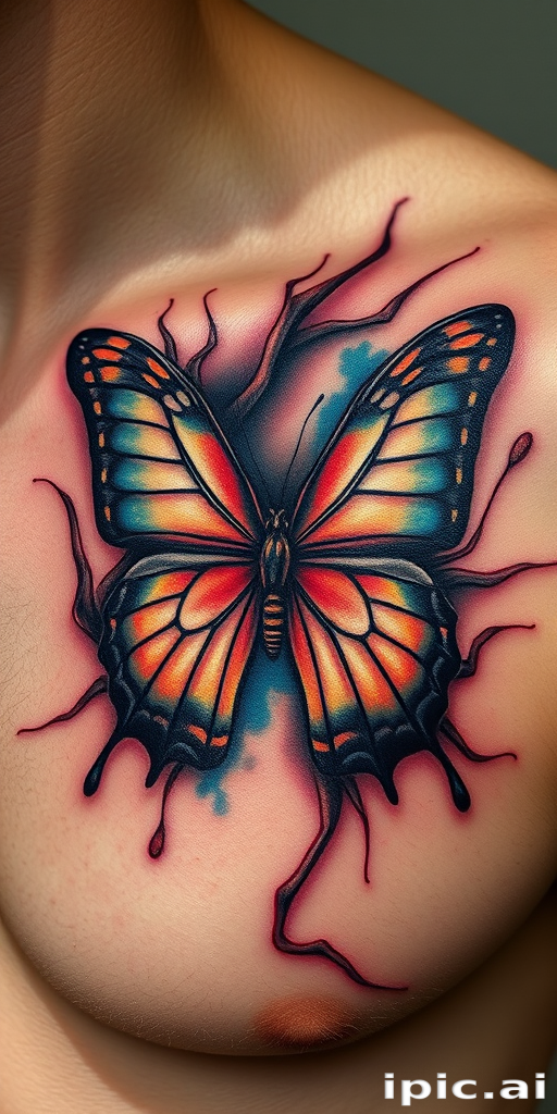 Realistic 3D tattoo entitled "Living Canvas" depicting a hyper-realistic butterfly emerging from the skin, complete with lifelike textures, shadows, and depth, suitable for shoulder or chest placement