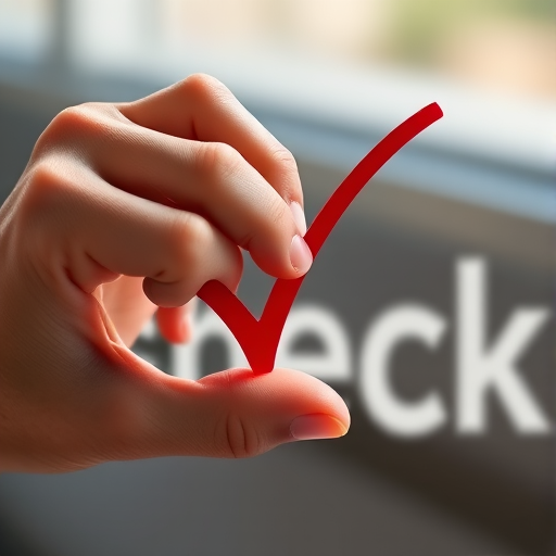 Create an image of a hand writing a red check mark on a blurred word 'check' in the background, using a Canon EOS 5D Mark IV camera, aperture f/2.8, shutter speed 1/60s, ISO 200, with a shallow depth of field to enhance focus on the hand and the check mark, in soft natural lighting.