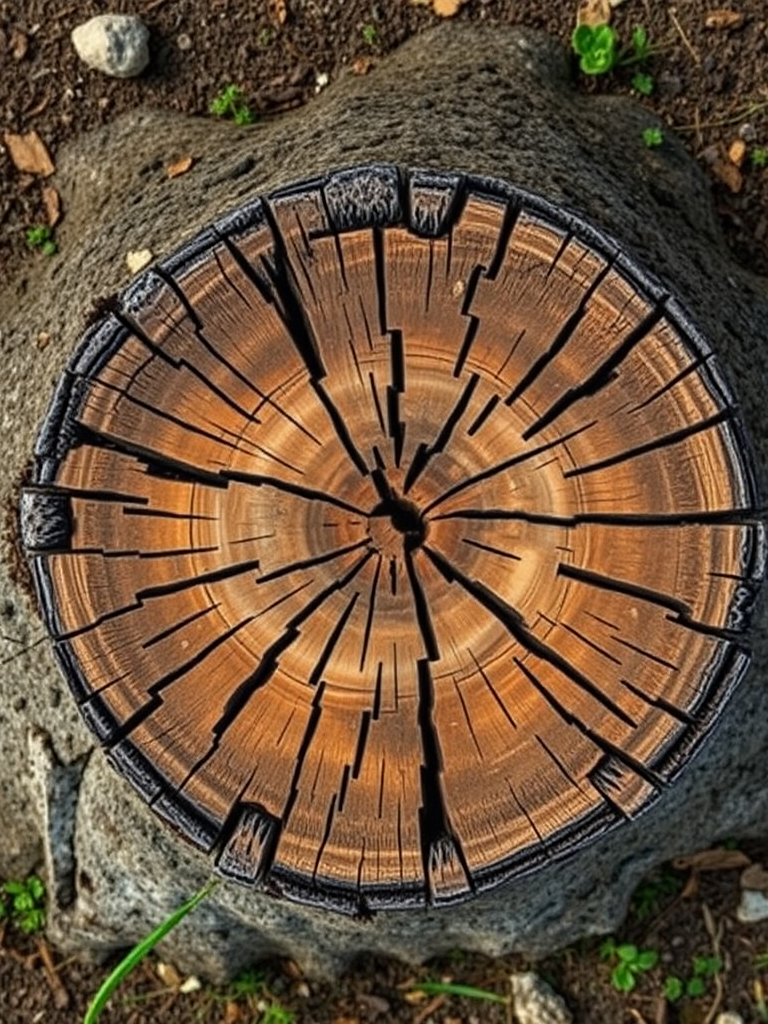 Create a high-resolution image of a cracked tree stump from a top-down perspective, using a DSLR camera with a 50mm lens, aperture set to f/2.8, ISO 100, and natural lighting to enhance texture and detail.