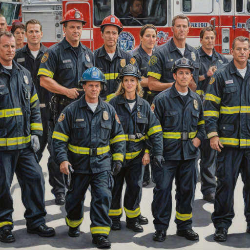 acrylic illustration of realistic first responders, fireman, policeman, emts, doctors, nurses, military