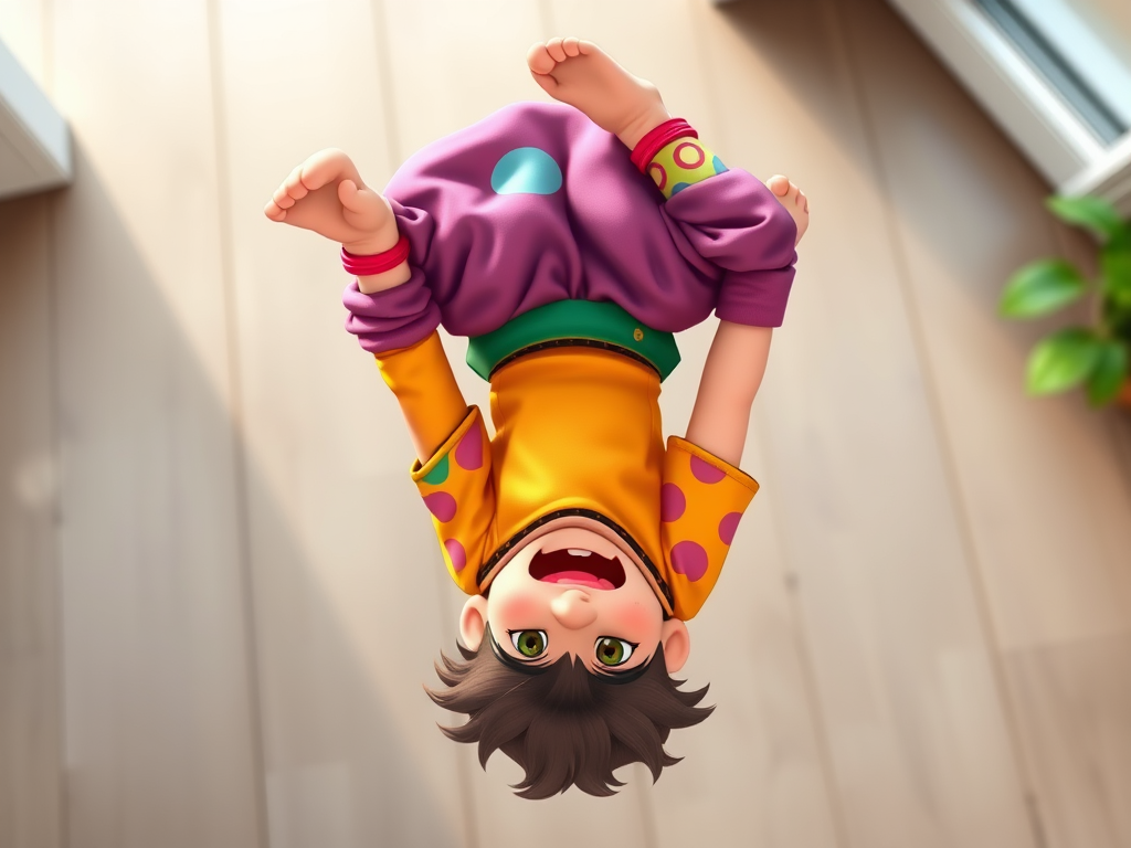 A colorful cartoon character doing a handstand with vibrant clothing, high-resolution, 50mm lens, f/2.8, top-down view, soft natural light, digital illustration style.