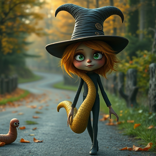 digital art fantasy depicting a strange girl with Yellow hair, long eyelashes, green lipstick and a tall hat walking along a winding road on an autumn afternoon, an Earthworm smiles as she passes