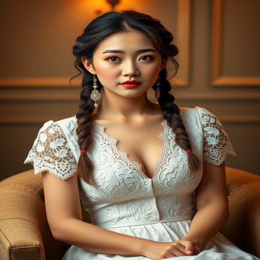 Create a portrait of a refined and elegant Korean woman seated in a sophisticated setting. She has long, wavy hair styled in two thick braids that are pulled over her shoulders. She wears a white, lace gown with intricate patterns, featuring a deep V-neckline and short sleeves. The dress exudes a vintage charm with its delicate lacework. She is adorned with ornate, dangling earrings that add a touch of glamour to her appearance. The background is softly lit, with warm, ambient lighting that creates a cozy and inviting atmosphere. Her expression is poised and serene, capturing a sense of grace and elegance.