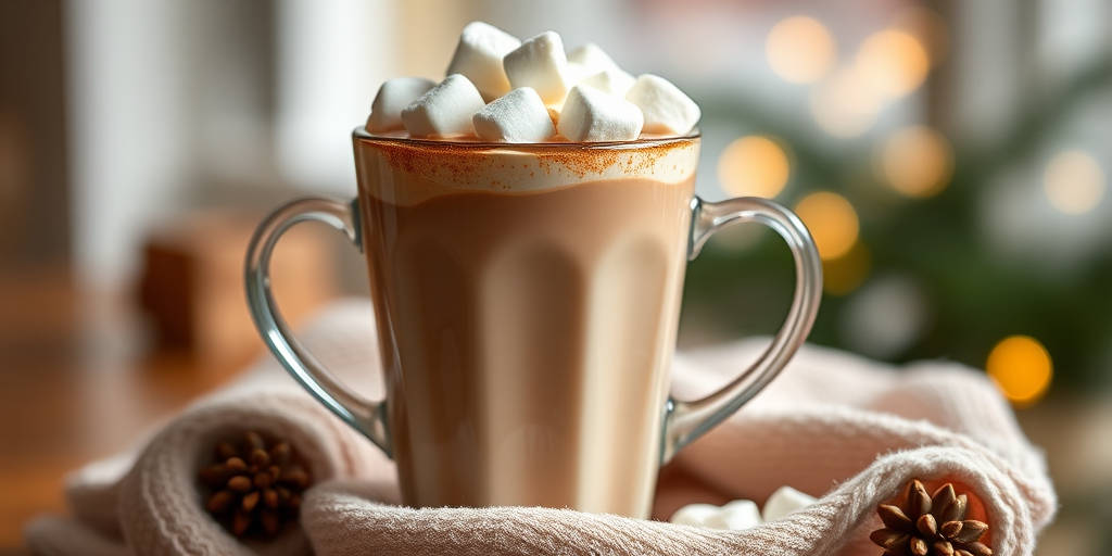Create an illustration of a tall cup of hot chocolate with marshmallows on top, shot with a Canon EOS R5 at 50mm, f/1.8 aperture, ISO 100, soft natural lighting, and a shallow depth of field to emphasize the cup against a blurred background.