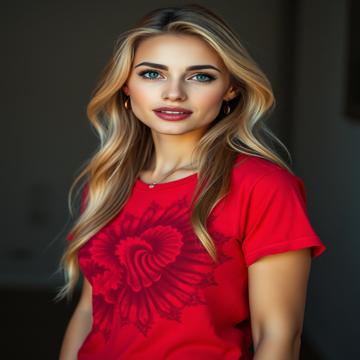 RAW photo, a candid full body portrait of a beautiful blonde woman wearing a (red shirt) printed with fractal art, 8k uhd, dslr, soft lighting, high quality, film grain, Fujifilm XT3