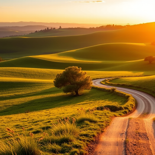 landscape of rolling green hills at sunrise with soft light illuminating trees and a winding dirt road, captured with a DSLR camera, 24mm lens, f/8 aperture, ISO 100, golden hour, wide-angle view