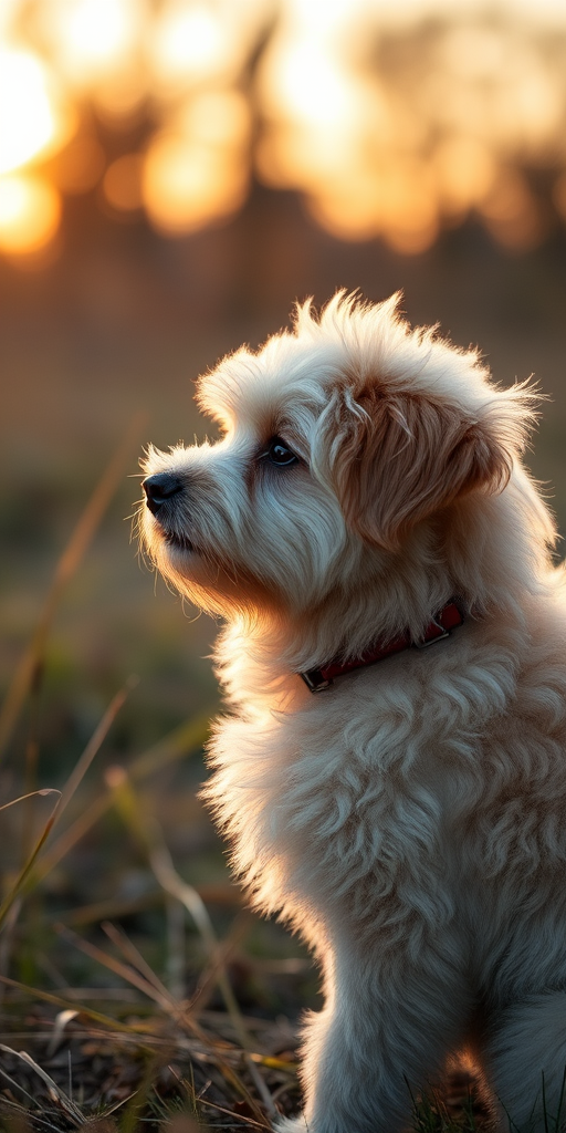 create an image of a fluffy dog in a natural setting with a shallow depth of field, aperture f/2.8, ISO 100, 50mm lens, soft golden hour lighting, side profile view, DSLR camera