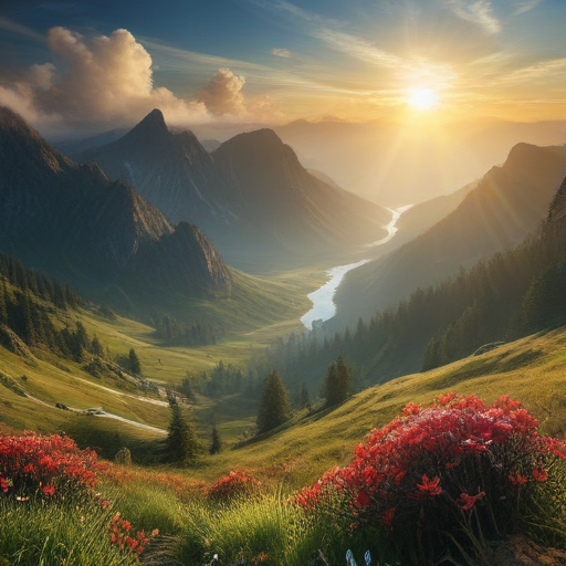 Majestic Sunrise Over Serene Valley Surrounded by Lush Green Mountains