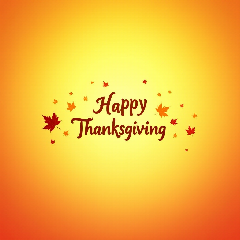 Create a warm and festive autumn-themed image with a gradient background of orange and yellow hues. Include a variety of falling leaves in shades of red, orange, and brown. In the center, display the text "Happy Thanksgiving" in a stylish and inviting font, using a dark brown color for contrast. Add subtle decorative elements like pine cones and additional leaves for a cozy, seasonal feel.
