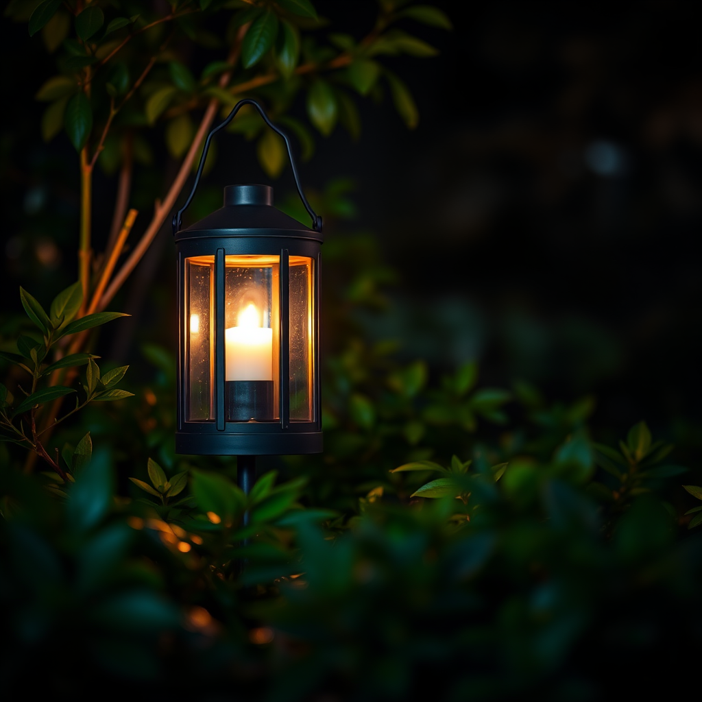 Create a serene nighttime scene featuring a lantern with a glowing candle inside, surrounded by lush greenery, captured using a DSLR camera at f/2.8 aperture, ISO 400, shutter speed 1/60 sec, in a shallow depth of field with soft focus on the background, using a warm color palette and natural lighting.