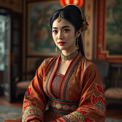 A beautiful Turkmen woman in traditional East Asian attire, intricately detailed with embroidered patterns, sitting gracefully in a richly decorated room, soft ambient lighting, serene and elegant, ultra-realistic, 8K resolution