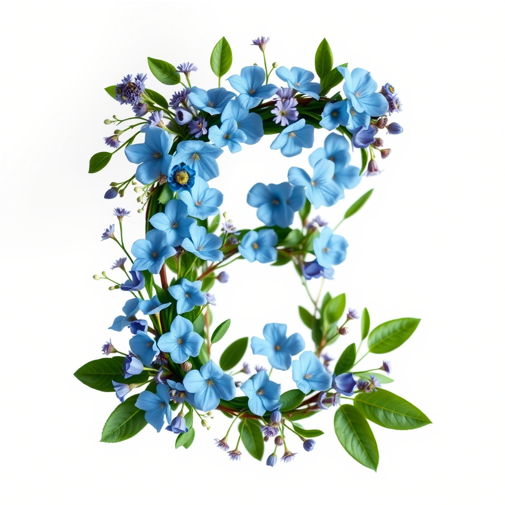 Create a floral monogram letter F with delicate blue flowers and green leaves intertwined around the letter, captured in a soft focus with natural lighting, using a DSLR camera, 50mm lens, aperture f/2.8, ISO 100, shot from eye level.