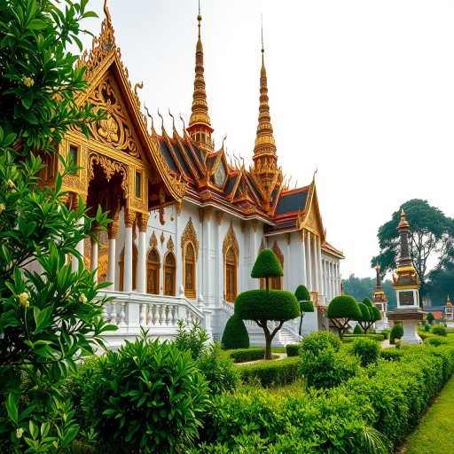 Regenerate an image of the Grand Palace in Bangkok, Thailand, featuring intricate golden architecture, lush greenery in the foreground, soft morning light, with a wide-angle lens, f/8 aperture, ISO 100, 24mm focal length, shot in HDR style using a DSLR camera.