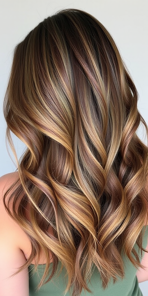 Nature-inspired hair style exhibiting a long layered cut with earthy tones of moss green and bark brown in a balayage technique