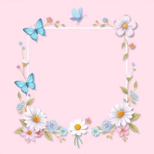 Create a delicate and whimsical border featuring colorful butterflies and blooming flowers. The design should include a soft pink background within a geometric shape, surrounded by various pastel flowers and butterflies in shades of blue and pink. Add subtle gold accents for a touch of elegance.