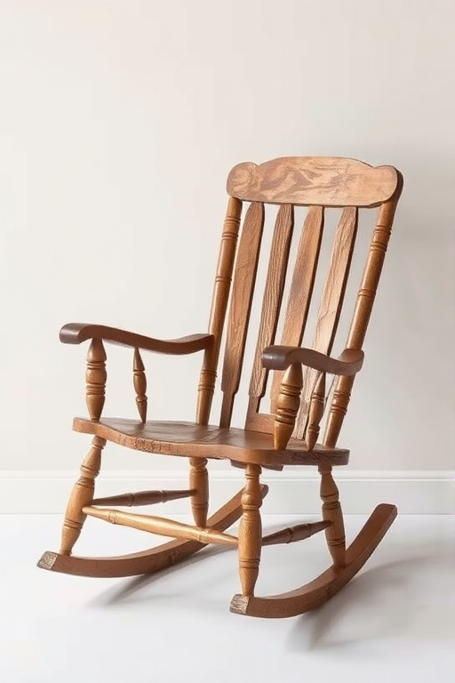 Create an illustration of a rustic rocking chair with a detailed wooden texture, set against a plain background, captured with a DSLR camera at f/4 aperture, 50mm lens, ISO 100, 1/60s shutter speed, in a soft natural light setting.