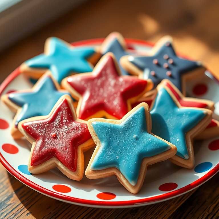 Regenerate a colorful plate of star-shaped cookies decorated with red, white, and blue icing, using a DSLR camera with a 50mm lens, f/2.8 aperture, ISO 200, focus on cookies with a shallow depth of field and soft bokeh background, bright natural lighting.