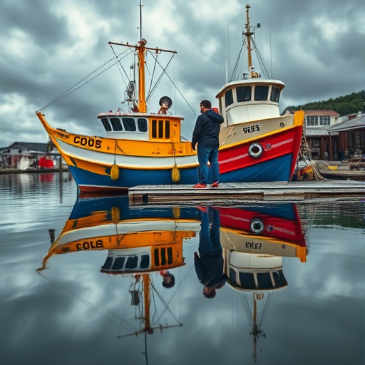 Regenerate an image of a couple standing near a colorful fishing boat on a cloudy day at a dock, with a focus on the reflections in the water, taken with a DSLR camera, 35mm lens, f/8 aperture, ISO 200, and a slight HDR effect for enhanced detail and contrast.