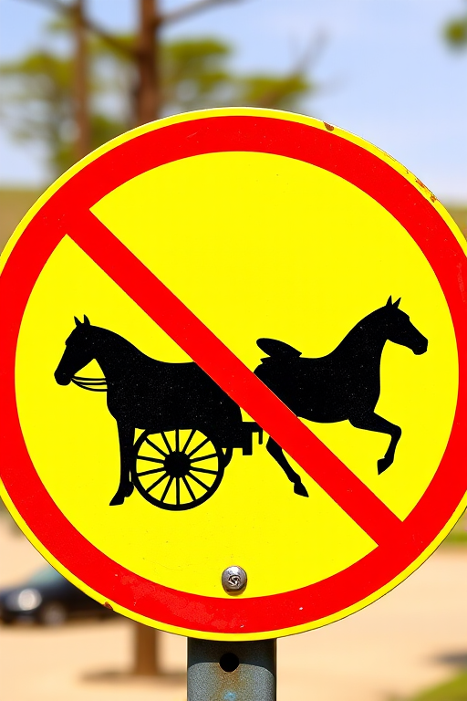 Create a high-resolution image of a no horse-drawn carriage sign featuring a silhouette of a horse and cart with a vibrant red border and a bright yellow background, captured with a DSLR camera at f/8 aperture, ISO 100, 50mm lens, in natural daylight for optimal clarity.