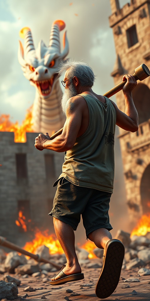 Cartoon 3D High-Resolution,dynamic battle scene using Unreal Engine 5 and Octane Render. The scene features back of an elderly, thai man with a beard,messy hair and round golden-rimmed glasses. He is wearing a tattered tank top with soot marks, shorts, and sandals. sweating. he wields a baseball bat. He jump to fight with a white fire-breathing Europe dragon amidst a partially destroyed stone castle. Include intense flames, smoke, and debris to enhance the dramatic effect.