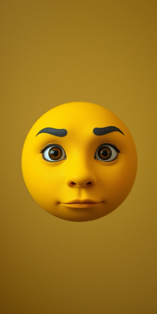 Create a high-resolution image of a simple yellow round face with expressive eyes and a neutral expression, using a Canon EOS R5 camera at f/2.8 aperture, ISO 100, and a 50mm lens, shot in portrait orientation with soft diffused lighting.