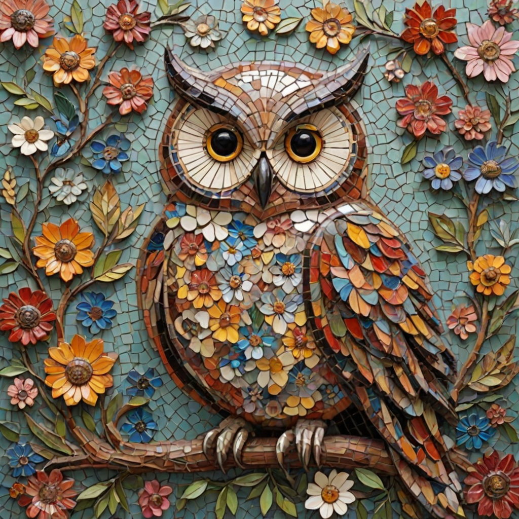 A mosaic of floral owls, one owl intricately composed of individual flower blossoms. The design showcases a delicate balance of nature and form, where the feathers of the owls are replaced by vibrant petals and blooms. The overall appearance is whimsical yet detailed, with each floral element contributing to the intricate patterns of the owl’s body. The artwork embraces a raw, organic style, with natural hues and soft textures, creating a harmonious blend of flora and fauna. The mosaic arrangement adds depth and visual intrigue to the piece, evoking a sense of wonder and artistic beauty.