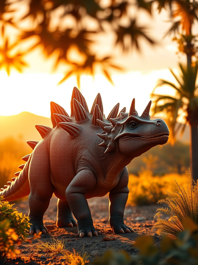 Generate a highly detailed illustration of a Stegosaurus in a natural setting, using a DSLR camera with a 50mm lens, aperture set to f/2.8 for shallow depth of field, ISO 200, shot at golden hour for warm lighting, emphasize rich textures and vibrant colors.