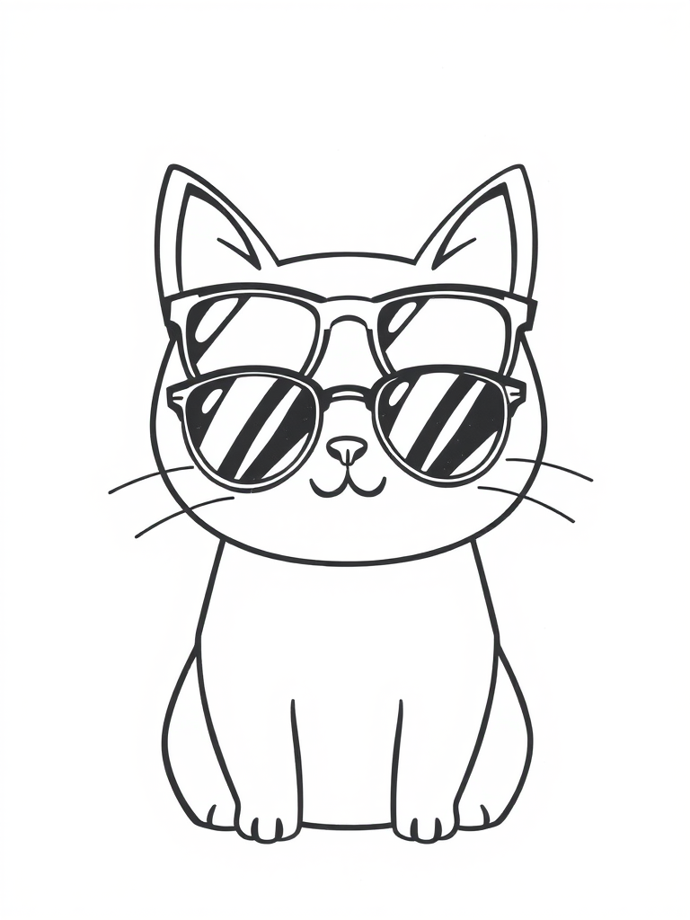 Create a simple line drawing of a cute cat wearing sunglasses with a small smile on a textured white background.