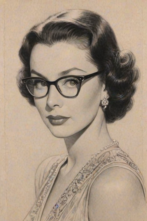 Fascinating Vivien Leigh, pencil sketch, portrait of Charming woman 1933s in glasses, hair style beatnik, outline, clear lines, fine lines, 8k