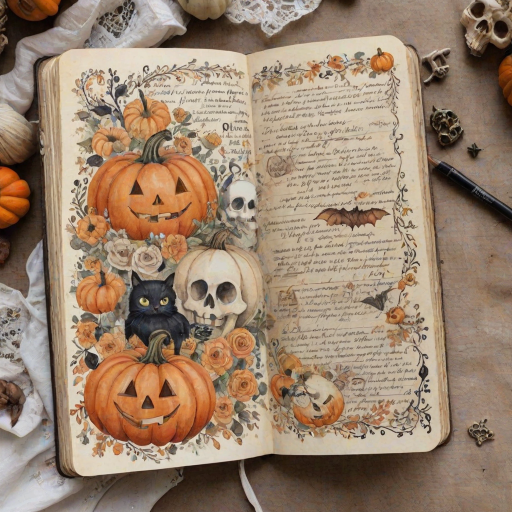 Design a detailed watercolor, vintage-inspired Halloween-themed imagery for a cottagecore junk journal. The design features a spooky yet shabby chic aesthetic with handwritten elements in faded ink, showing slight wear. Include pumpkins, cute ghosts, and adorable skulls alongside autumn florals, all rendered in soft pastel colors like pale orange, cream, and black for accents. The imagery has a slight worn or parchment texture, creating a nostalgic feel. The high-resolution image has no blur, contrast, or grainy textures, and is filled with intricate details in 8k definition.