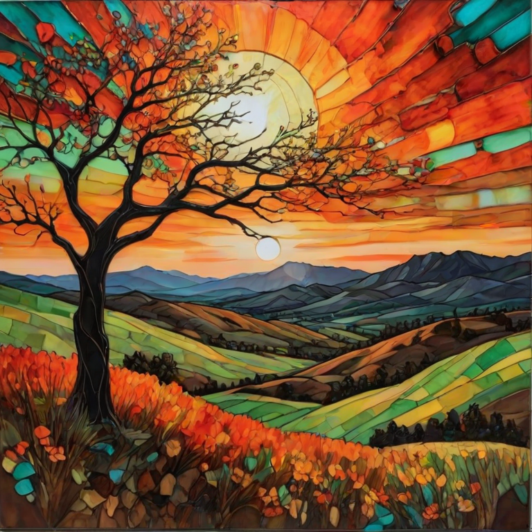 A vibrant abstract painting on Tiffany Glass, blending acrylic and alcohol ink techniques, captures a dramatic sunset over rolling hills. The artwork features a textured, rocky foreground in green and brown, layered abstract hills, and a striking sunset in rich oranges, yellows, and reds. A solitary black tree with intricate branches contrasts against the fiery sky, creating a dynamic and expressive portrayal of a breathtaking natural scene.