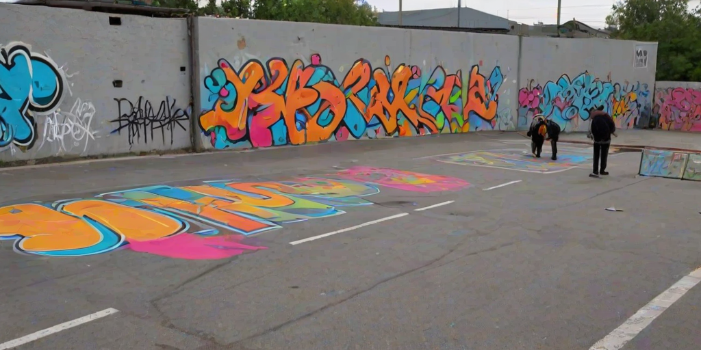 Vibrant street art decorating an industrial area, splashes of bright color against the gray concrete, with graffiti artists adding final touches.