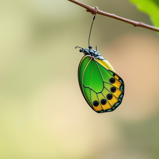 Generate an image of a butterfly emerging from its chrysalis, showcasing vibrant green and yellow colors. The butterfly should be hanging from a thin branch against a blurred natural background, emphasizing the transformation and delicate features of the wings.