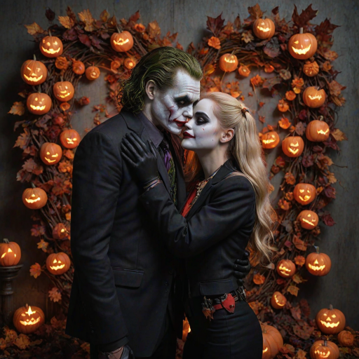 The Joker, neat, wearing a black suit and a beautiful Harley Quinn with long hair, both romantic, hugging and cuddling in the middle of a neon linen black heart frame decorated with dead leaves, bats, and small pumpkins, with a label at the bottom that reads 'Mad Love' made of linen, in a photo realistic style.